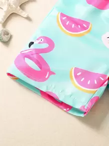 Young Boy Cartoon Graphic Drawstring Waist Swim Shorts Kids Swimwearkids Beachwearboy Swimwear Summer - Mint Green - View 6