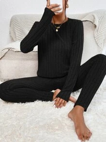 SHEIN Essnce Split Hem Tee & Leggings - Black - View 3