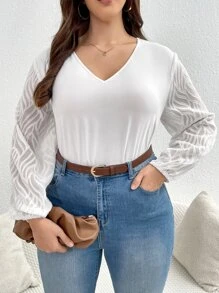SHEIN Privé Blusa de malla en contraste de manga farol de cuello V - Blanco - Ver 2
