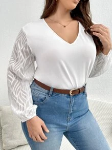 SHEIN Privé Blusa de malla en contraste de manga farol de cuello V - Blanco - Ver 4