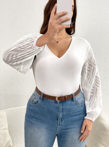 SHEIN Privé Blusa de malla en contraste de manga farol de cuello V - Blanco - Ver 5