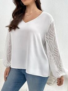 SHEIN Privé Blusa de malla en contraste de manga farol de cuello V - Blanco - Ver 6