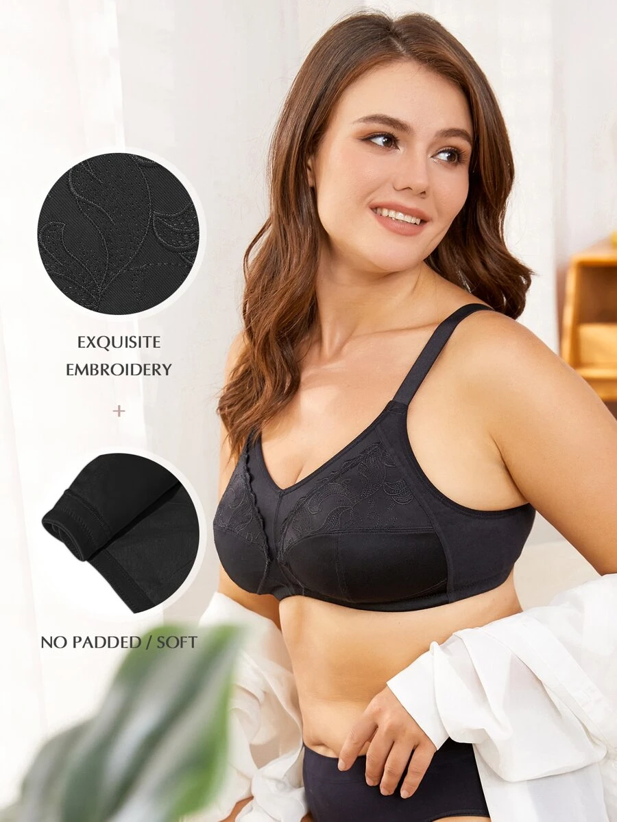 Wingslove Sujetador de encaje con unicolor para mujer de talla grande - Negro - Ver 1