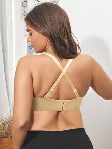 Plus Size Solid Bra With Detachable Straps - Apricot - View 3