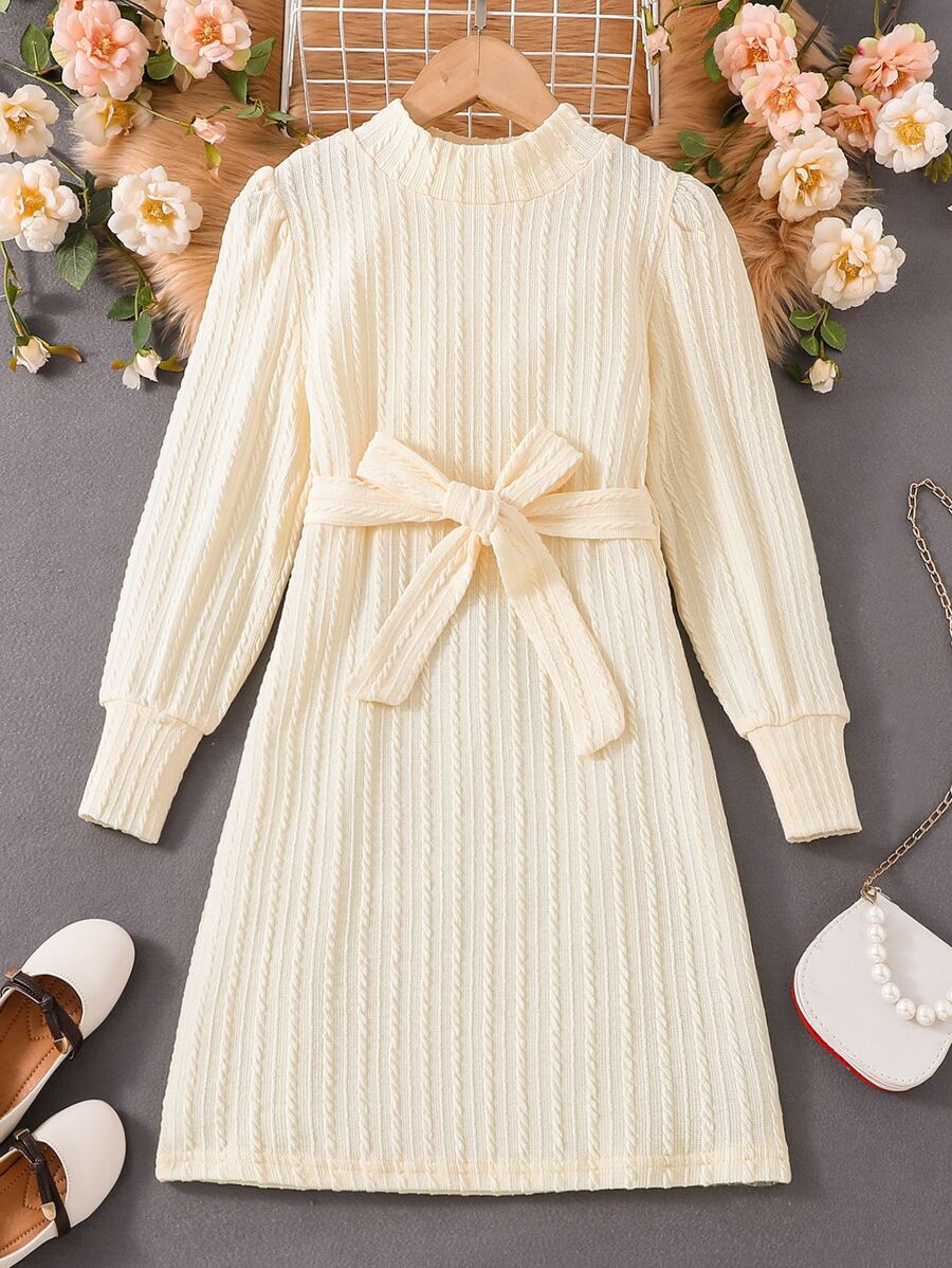 Girls Mock Neck Puff Sleeve Dress - Apricot - View 1