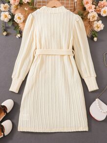 Girls Mock Neck Puff Sleeve Dress - Apricot - View 2