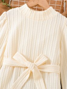 Girls Mock Neck Puff Sleeve Dress - Apricot - View 3