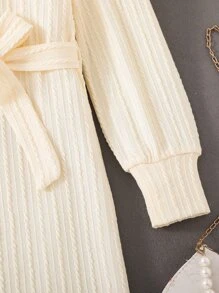 Girls Mock Neck Puff Sleeve Dress - Apricot - View 6