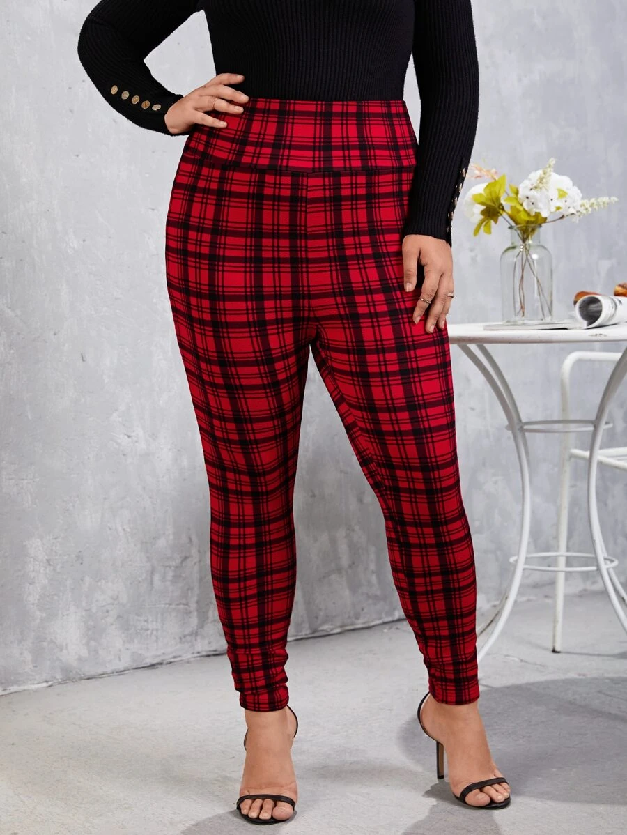 SHEIN Privé Plus Tummy Control Plaid Trousers - Red - View 1