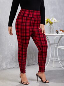 SHEIN Privé Plus Tummy Control Plaid Trousers - Red - View 4