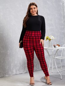 SHEIN Privé Plus Tummy Control Plaid Trousers - Red - View 5