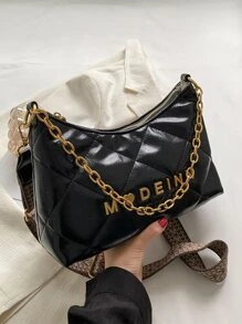Quilted Letter Decor Hobo Bag - Black - View 1