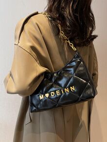 Quilted Letter Decor Hobo Bag - Black - View 2