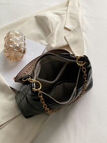 Quilted Letter Decor Hobo Bag - Black - View 4