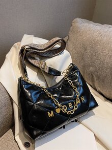 Quilted Letter Decor Hobo Bag - Black - View 5