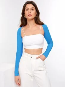 SHEIN Privé Solid Crop Bolero Shrug Top Without Cami - Blue and White - View 1