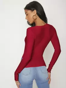 SHEIN BASICS 素色羅紋針織修身T恤 - 酒紅色 - 查看 2