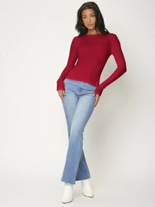 SHEIN BASICS 素色羅紋針織修身T恤 - 酒紅色 - 查看 3