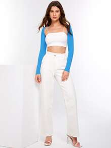 SHEIN Privé Solid Crop Bolero Shrug Top Without Cami - Blue and White - View 3