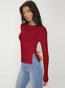 SHEIN BASICS 素色羅紋針織修身T恤 - 酒紅色 - 查看 4