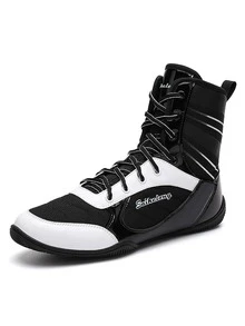 Men Letter Detail Lace-up Front Boxing Shoes - Black and White - View 2