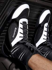Men Letter Detail Lace-up Front Boxing Shoes - Black and White - View 4
