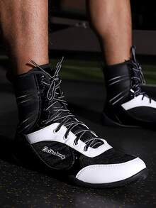 Men Letter Detail Lace-up Front Boxing Shoes - Black and White - View 5