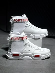 Men Letter Patch Decor Lace-up Front High Top Skate Shoes - White - View 2