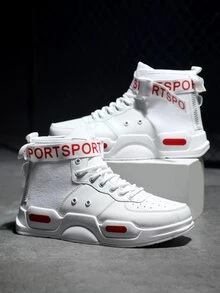 Men Letter Patch Decor Lace-up Front High Top Skate Shoes - White - View 3