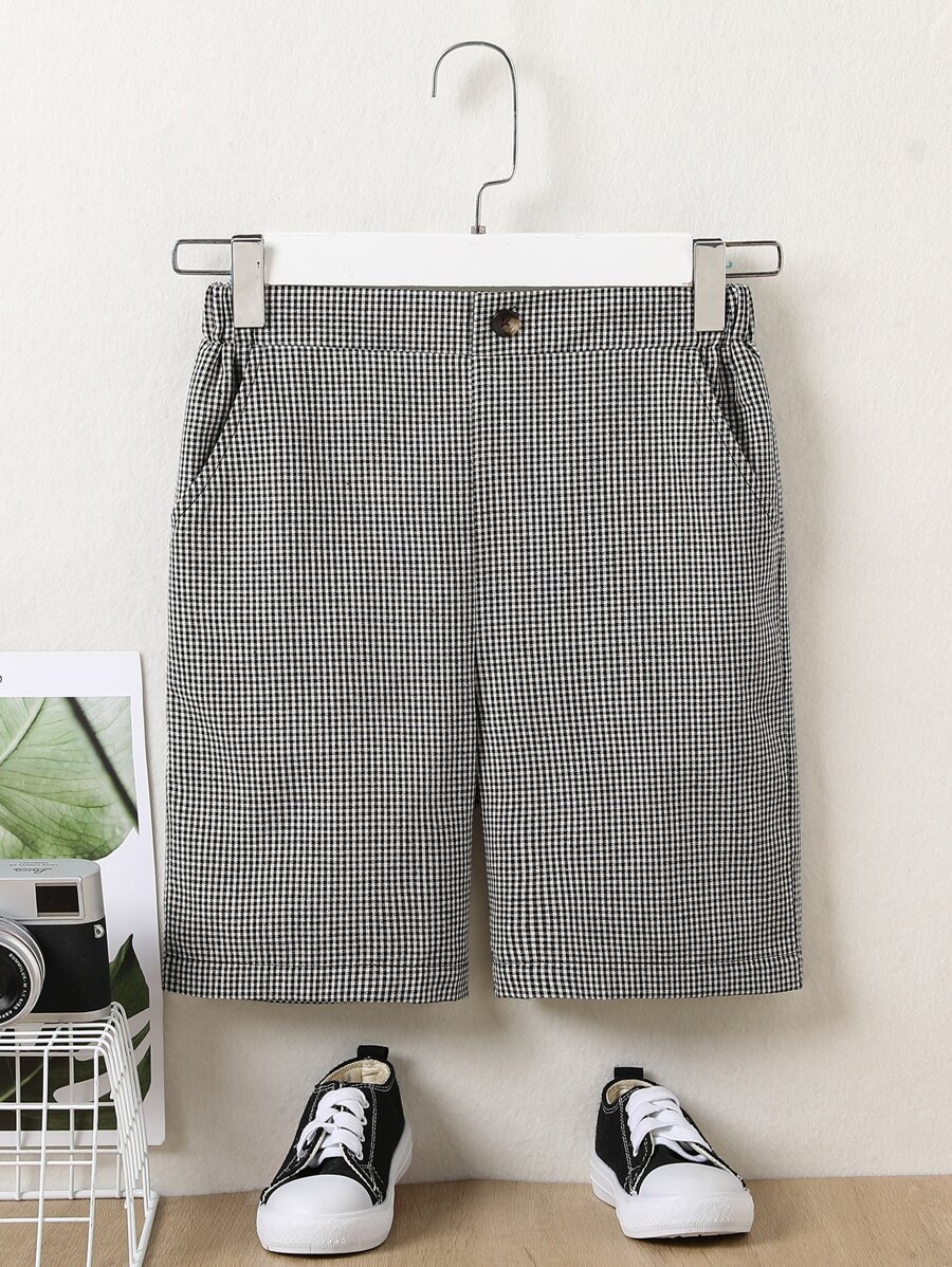 SHEIN 男孩格子圖案斜口袋短褲 - 黑與白 - 查看 1