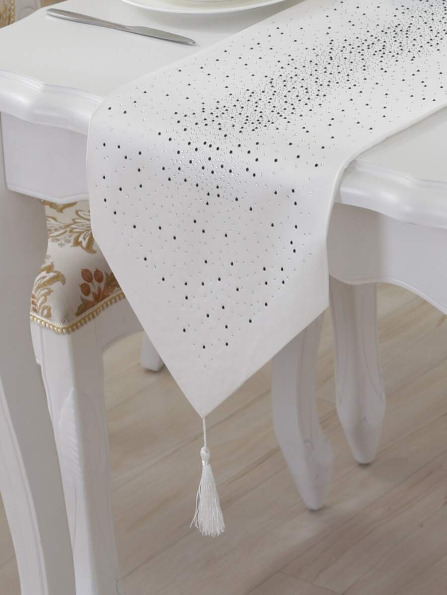 1pc Rhinestone & Tassel Decor Table Runner - trắng - Xem 1