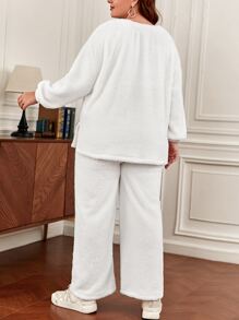 SHEIN Frenchy Plus Drop Shoulder Flannelette Top & Trousers - White - View 6
