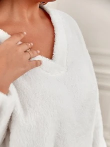 SHEIN Frenchy Plus Drop Shoulder Flannelette Top & Trousers - White - View 3