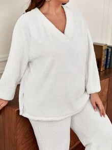 SHEIN Frenchy Plus Drop Shoulder Flannelette Top & Trousers - White - View 2