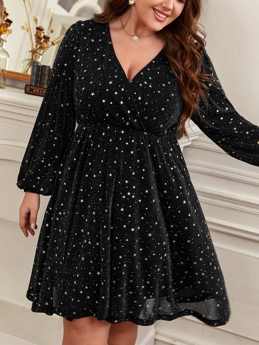 SHEIN Frenchy Plus Galaxy Print Lantern Sleeve Overlap Collar Mesh Dress - Black - View 1