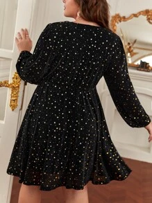 SHEIN Frenchy Plus Galaxy Print Lantern Sleeve Overlap Collar Mesh Dress - Black - View 6