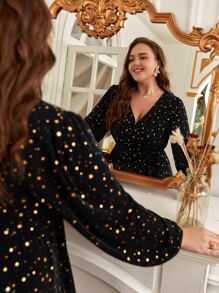 SHEIN Frenchy Plus Galaxy Print Lantern Sleeve Overlap Collar Mesh Dress - Black - View 4