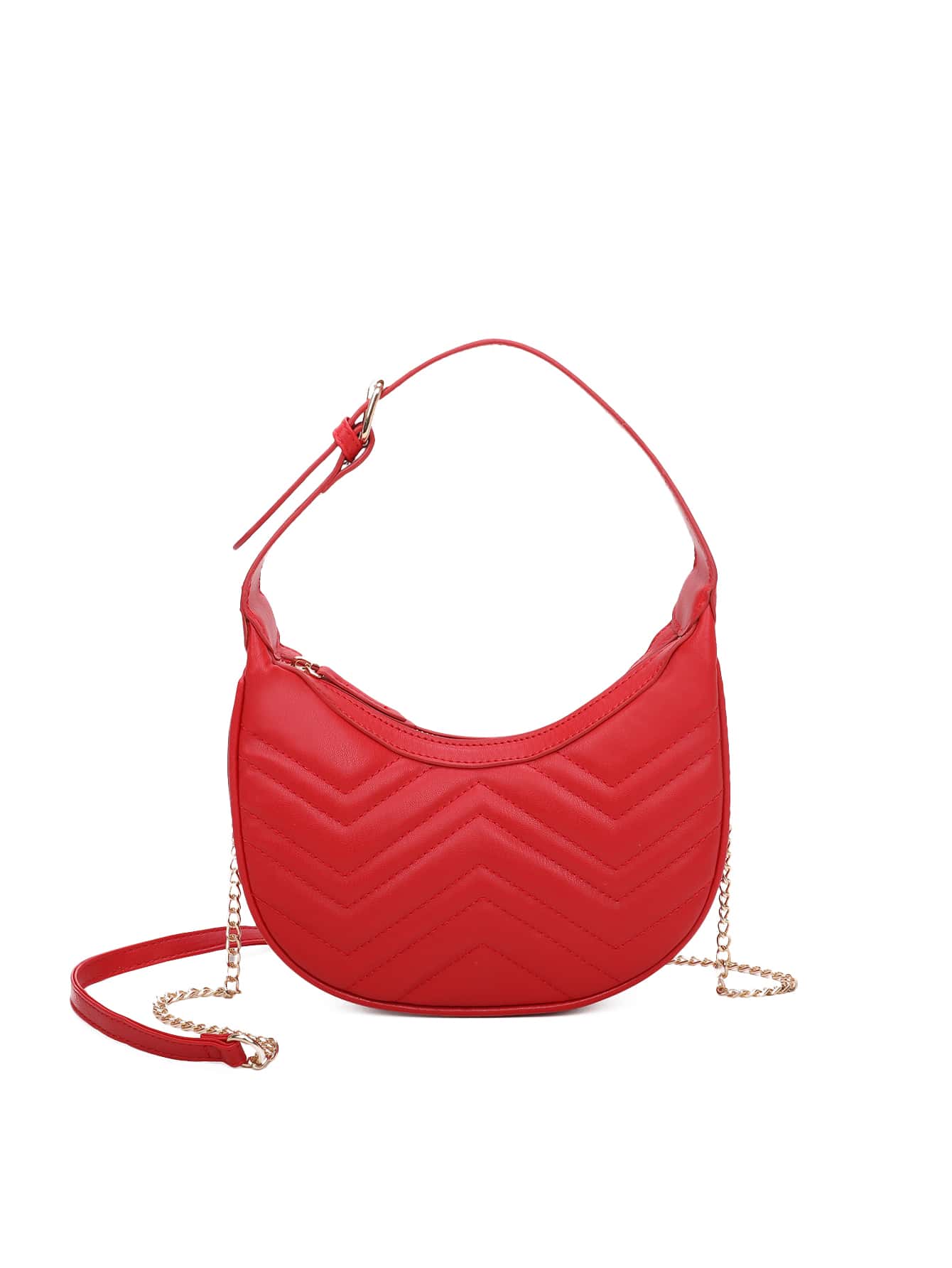 Neon-red Chevron Quilted Chain Hobo Bag - Red - View 1