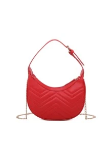 Neon-red Chevron Quilted Chain Hobo Bag - Red - View 2