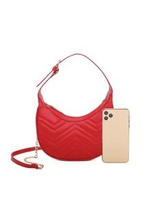 Neon-red Chevron Quilted Chain Hobo Bag - Red - View 4