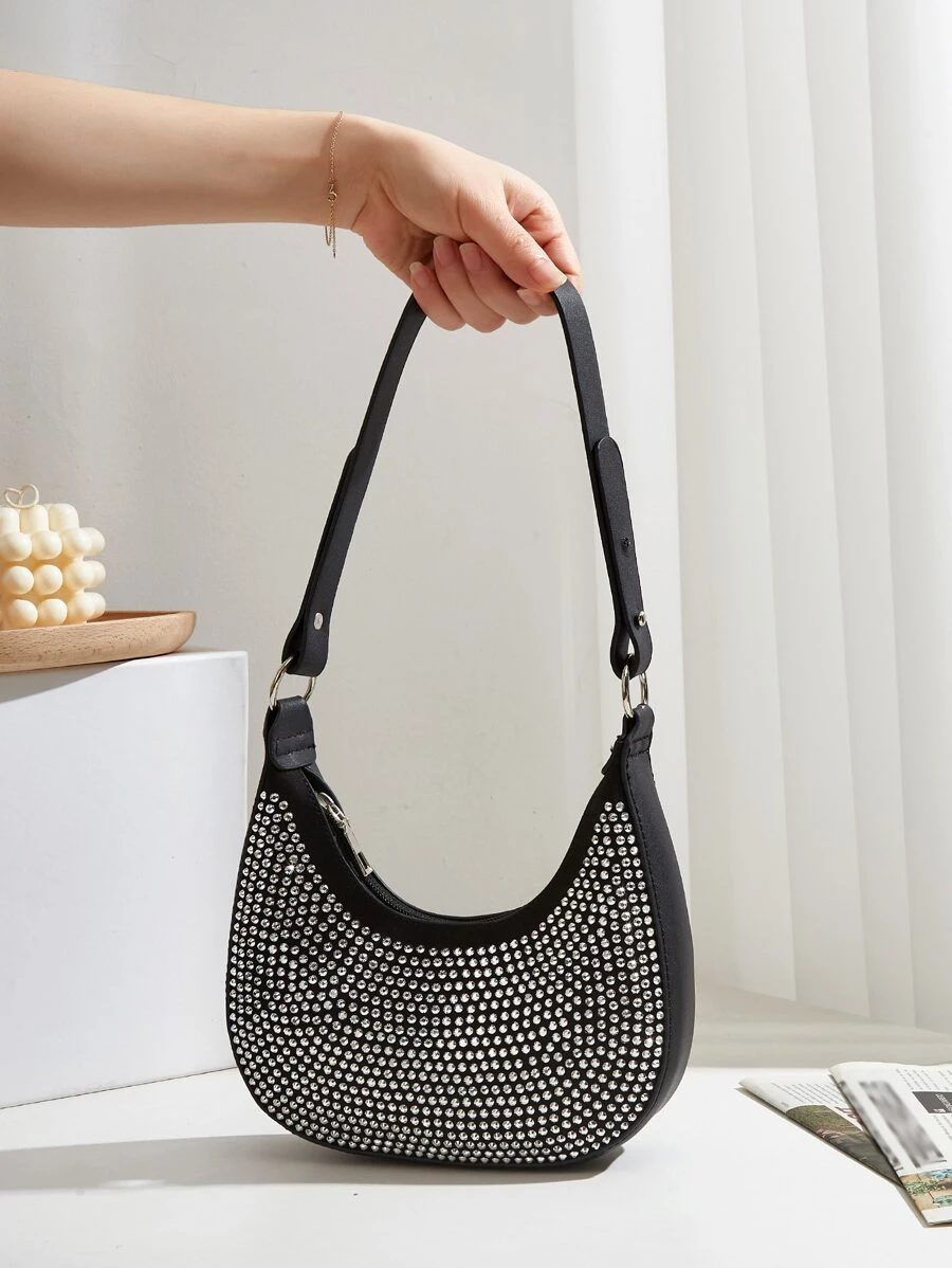 Rhinestone Decor Hobo Bag - Black - View 1
