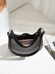Rhinestone Decor Hobo Bag - Black - View 6