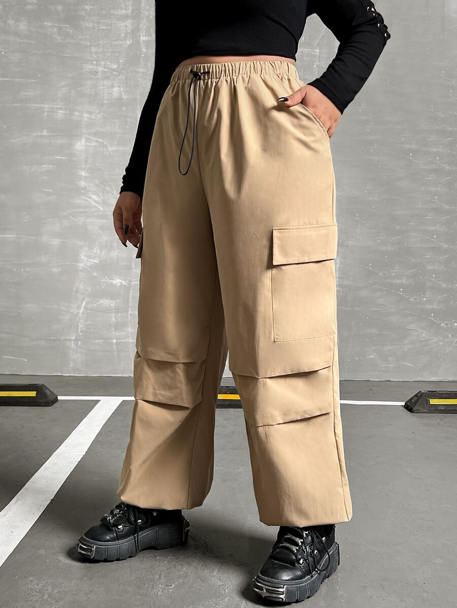 ROMWE PUNK Plus Flap Pocket Side Drawstring Waist Cargo Trousers - Khaki - View 1