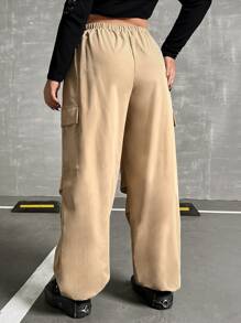 ROMWE PUNK Plus Flap Pocket Side Drawstring Waist Cargo Trousers - Khaki - View 2