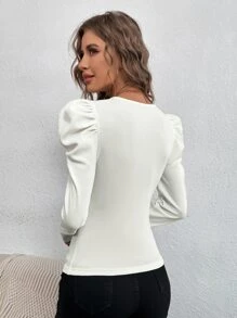 RueChic Square Neck Gigot Sleeve Tee - Beige - View 2