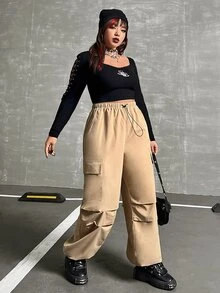 ROMWE PUNK Plus Flap Pocket Side Drawstring Waist Cargo Trousers - Khaki - View 3