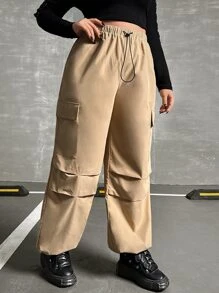 ROMWE PUNK Plus Flap Pocket Side Drawstring Waist Cargo Trousers - Khaki - View 5