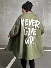 SHEIN EZwear Áo khoác cỡ lớn Nút Túi Slogan Giải trí - xanh quân đội - Xem 1