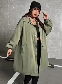 SHEIN EZwear Áo khoác cỡ lớn Nút Túi Slogan Giải trí - xanh quân đội - Xem 5