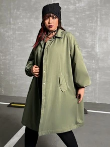 SHEIN EZwear Áo khoác cỡ lớn Nút Túi Slogan Giải trí - xanh quân đội - Xem 6